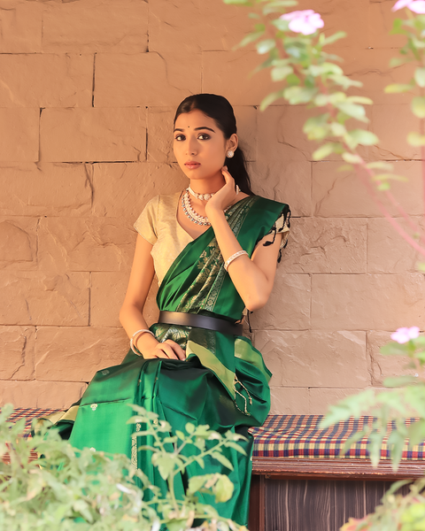 Bottle Green KanjeevaramPure silk Saree Golden Zari Border