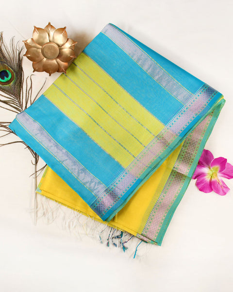 Yellow cotton saree with blue border