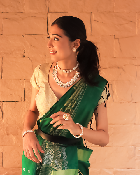 Bottle Green KanjeevaramPure silk Saree Golden Zari Border