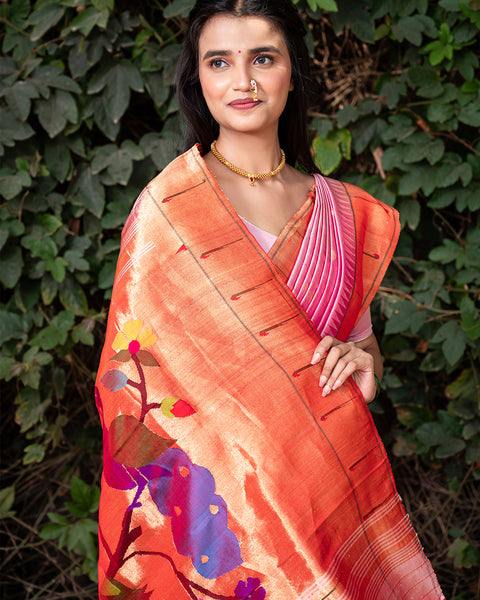 Baby Pink Heirloom Pure Silk Single Munia Paithani Saree - - The Vivaah Edit Lagan Special