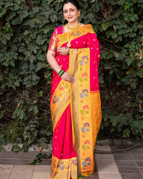 Pink Pure silk Gadwal saree with silver and golden zari butties - The Vivaah Edit Lagan Special