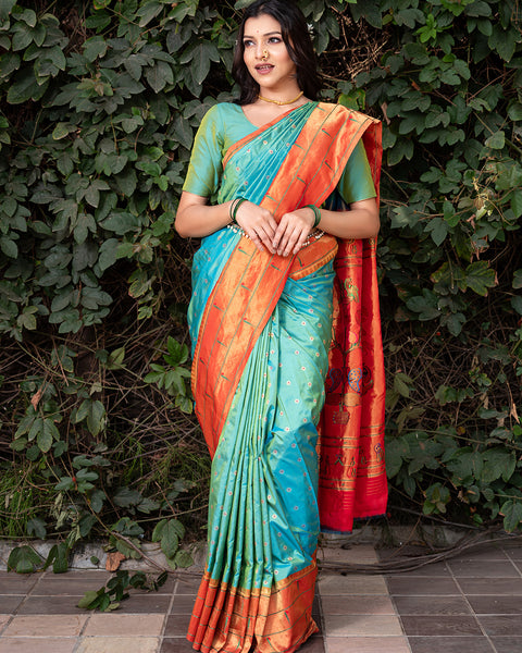 Green Dual Shade Heirloom Pure Silk Triple Munia Paithani Saree - The Vivaah Edit Lagan Special