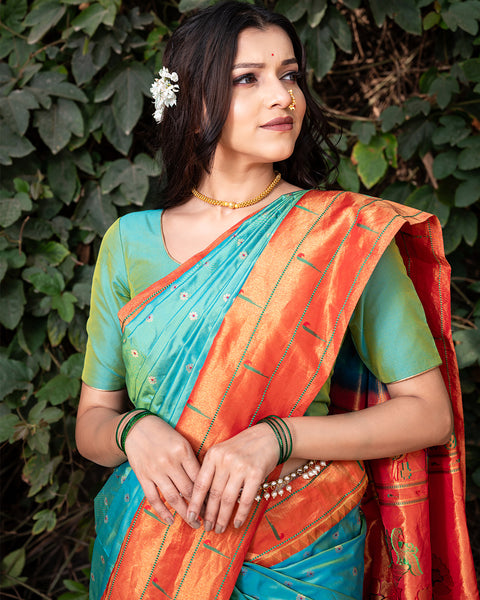 Green Dual Shade Heirloom Pure Silk Triple Munia Paithani Saree - The Vivaah Edit Lagan Special