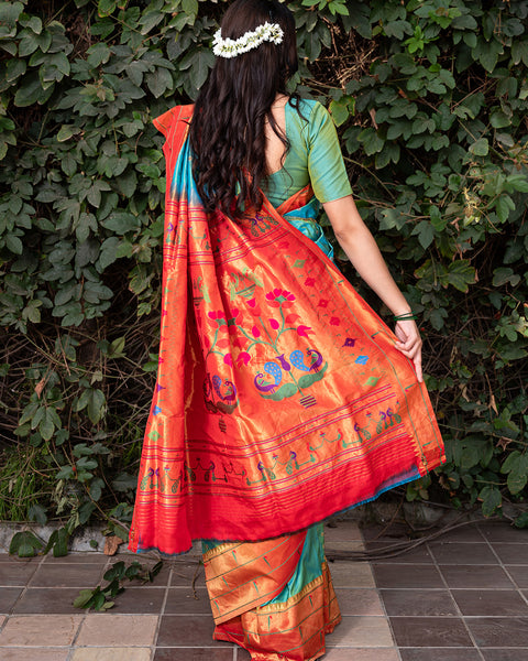 Green Dual Shade Heirloom Pure Silk Triple Munia Paithani Saree - The Vivaah Edit Lagan Special
