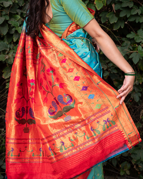 Green Dual Shade Heirloom Pure Silk Triple Munia Paithani Saree - The Vivaah Edit Lagan Special