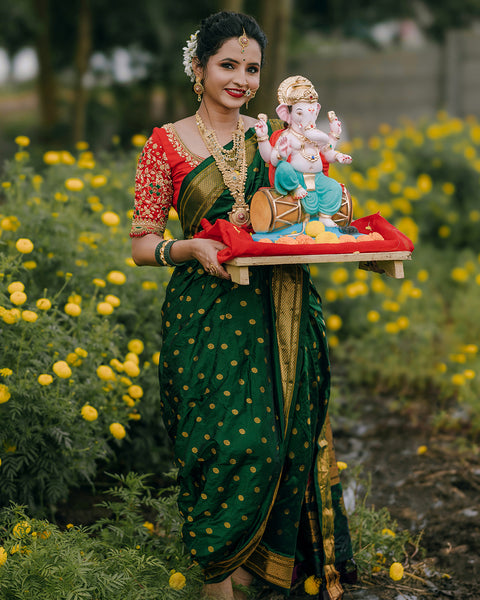 Green Pure Silk Paithani Saree with Mini Buttis and Chatai Border