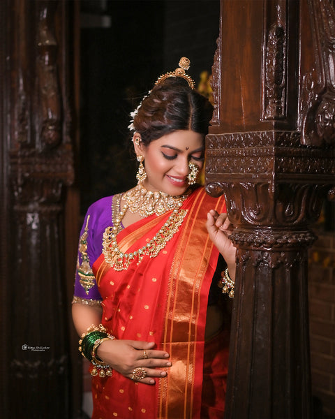 Red Pure Silk Paithani Saree with Chataie Border