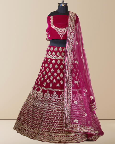 Opulent Dark Pink Velvet Bridal Lehenga with Zardosi Handwork
