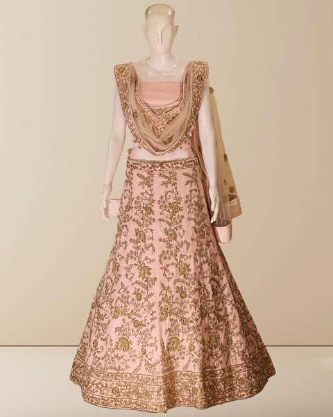 Elegant Baby Pink Raw Silk Bridal Lehenga with Zardosi Handwork