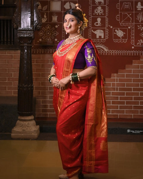 Red Pure Silk Paithani Saree with Chataie Border