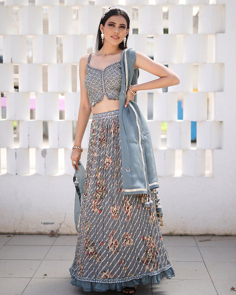Steel Grey Leheriya Style light Lehenga