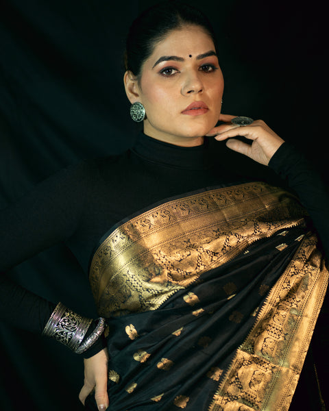 Black Banarasi Pure Silk Saree with Golden Zari Work