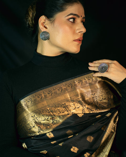 Black Banarasi Pure Silk Saree with Golden Zari Work