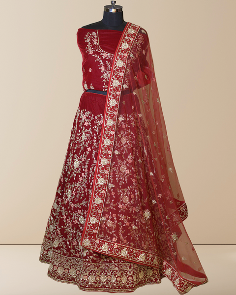 Opulent Red Velvet Bridal Lehenga with Zardosi Handwork