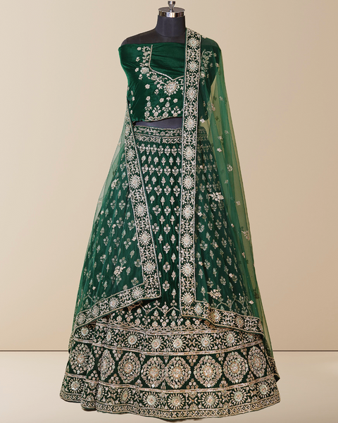 Luxurious Bottle Green Velvet Bridal Lehenga with Zardosi Handwork