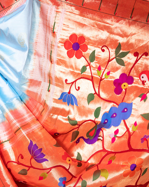 Powder Sky Blue Heirloom Pure Silk Single Munia Paithani Saree - The Vivaah Edit Lagan Special