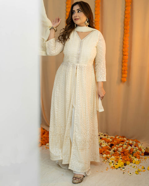 Off White Lucknowi Georgette Suit