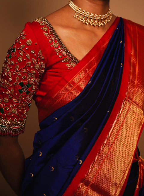 Royal Blue & Red 9 Yard Paithani Pure Silk Saree