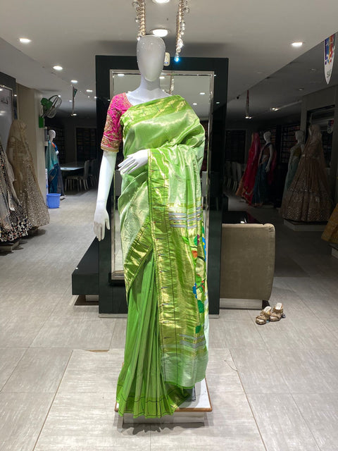 Lime Green Single Munia Paithani Saree in Pure Silk