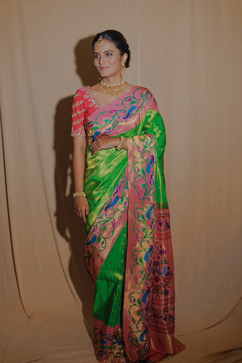 Emerald Green Paithani Saree with Peacock Motifs