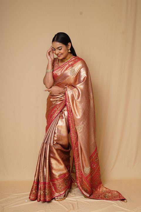Champagne Gold & Rani Pink Kanjivaram Pure Silk Saree