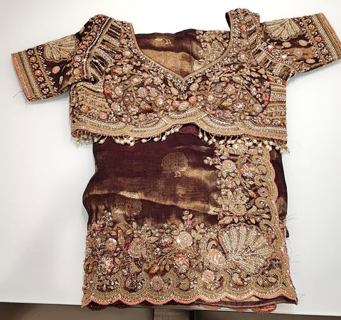 Elegant Brown Designer Saree with Heavy Kadhdana Zardozi Border