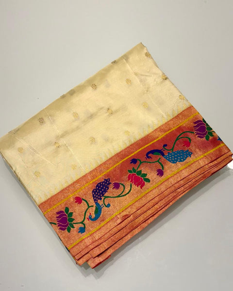 White Pure Silk Paithani with Lotus & Peacock Border