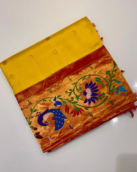 Yellow Pure Silk Heirloom Paithani with Peacock Border