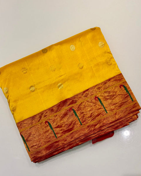 Yellow Pure Silk Heirloom Paithani with Single Muniya Border