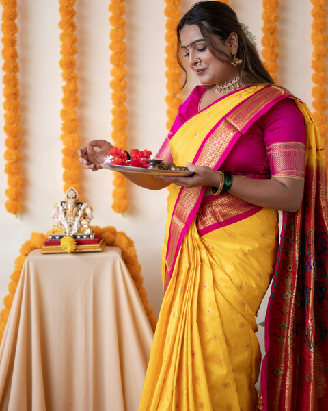 Yellow Paithani Saree with Contrasting Pink Traditional Border and Pallu