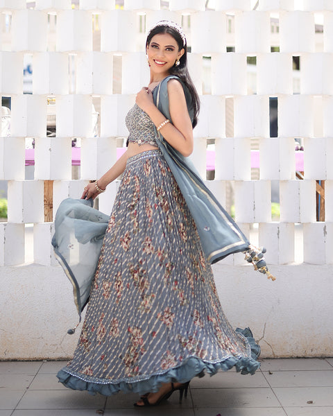 Steel Grey Leheriya Style light Lehenga
