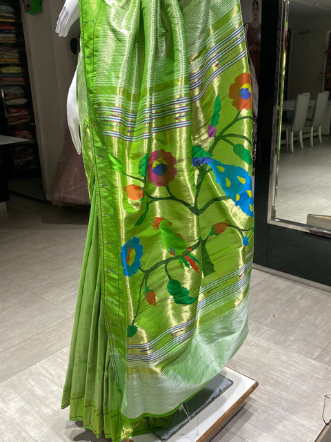 Lime Green Single Munia Paithani Saree in Pure Silk
