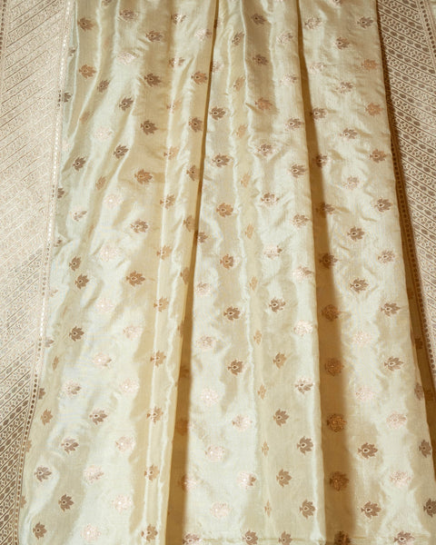 White Banarasi Pure Silk Saree Shalu with Light Golden Zari Work