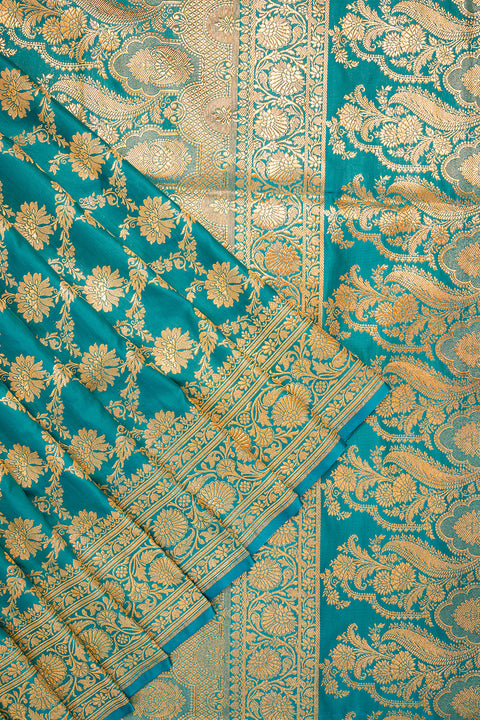 Torquoise Blue Jangla Banrasai Pure Silk Saree