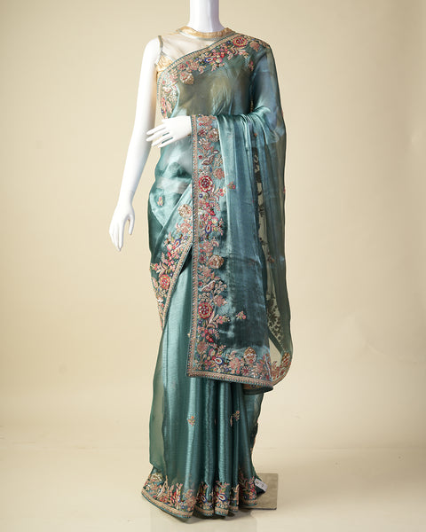 Light Sea Green Organza Saree with multi-color thread work