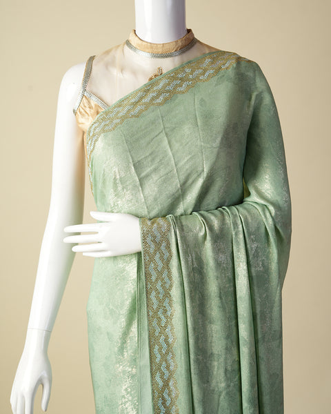 Aqua Green Soft Velvet Saree With floral print and zero stone work