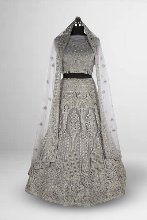The Light Grey Net bridal Lehenga with Floral Embroidery
