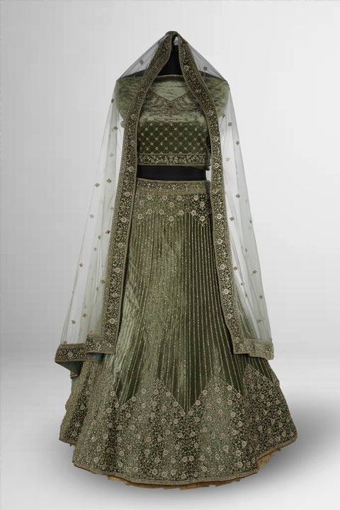 The Fern Green Bridal Lehenga Floral Embroidery and Stone Work
