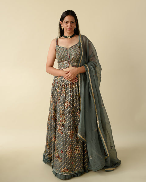 Steel Grey Leheriya Style light Lehenga