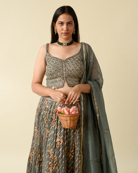 Steel Grey Leheriya Style light Lehenga