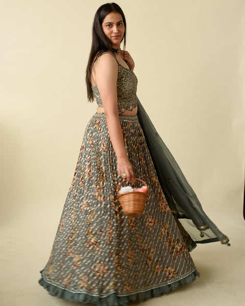 Steel Grey Leheriya Style light Lehenga