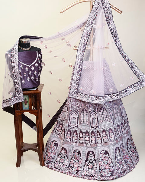 Lavender Purple Velvet Bridal Lehenga