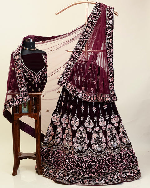 Dark Wine Velvet Bridal Lehenga