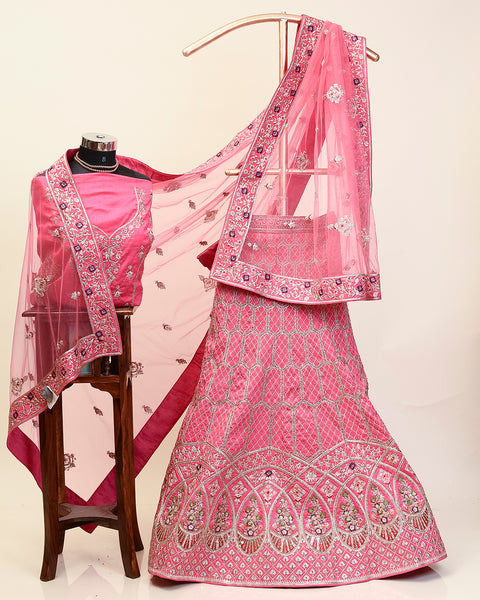 Pink Raw Silk elaborate handwork of stone and zari bridal Lehenga