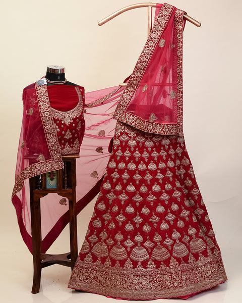 Rani Pink Velvet rich texture and drapes bridal Lehenga