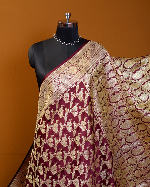 The Maroon Bridal Banarasi Pure Silk Saree With Jaal Work