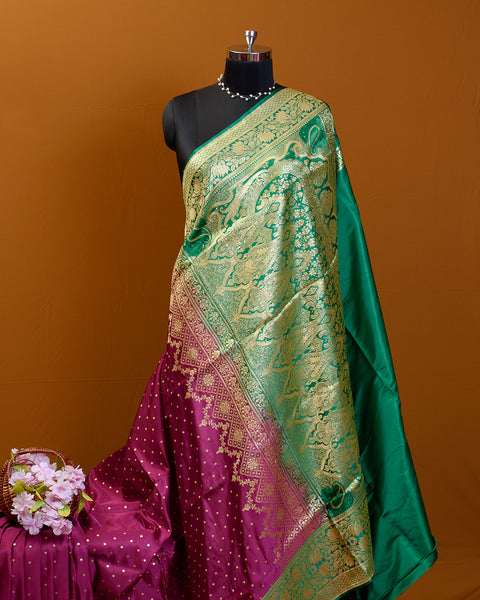 The beautiful Contrast Banarasi Pure Silk Saree Shalu with Golden Zari Work