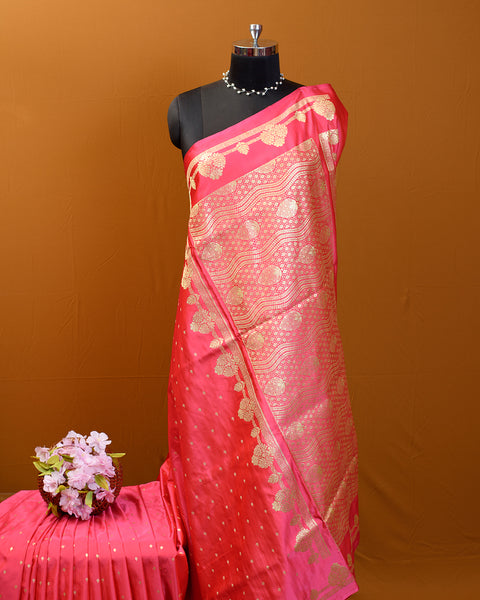 Peach pink Designer Banarasi Pure Silk Saree With gold zari work