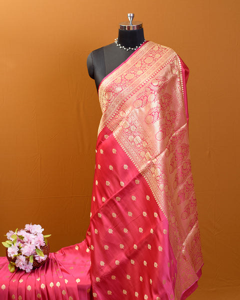 Peach Banarasi Pure Silk Saree Shalu with Light Golden Zari Work